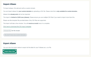 the MailGuard data tab, scrolled down to highlight the Export Alias Data button.