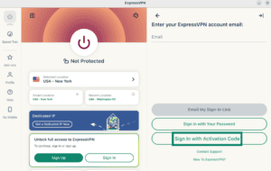 "Sign In with Activation Code" option highlighted in the ExpressVPN Linux app.