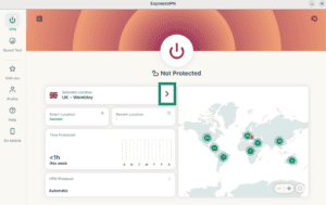 ExpressVPN Linux app showing the location selector highlighted.