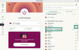 ExpressVPN Linux app showing the Netherlands server selected.