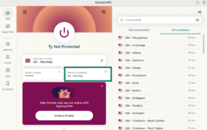ExpressVPN Linux app showing the "Recent Location" option highlighted.