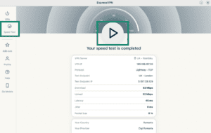 ExpressVPN Linux app showing the "Speed Test" section and the "Connect" button highlighted.