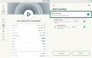 ExpressVPN Linux app showing the "Split Tunneling" toggle option highlighted.