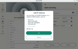 ExpressVPN Linux app showing the "Add IP Address" pop-up for split tunneling.