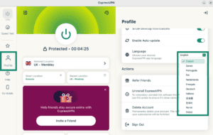ExpressVPN Linux app showing the Language options highlighted.