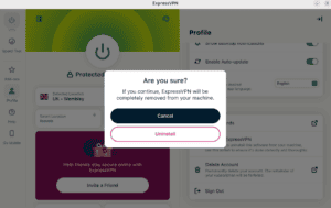 ExpressVPN Linux app showing the uninstallation confirmation screen highlighted.