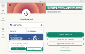ExpressVPN app showing the email sign-in process.