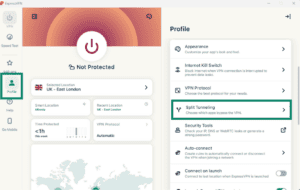 ExpressVPN Windows app, with a highlighted Profile tab and the "Split-Tunneling" option.
