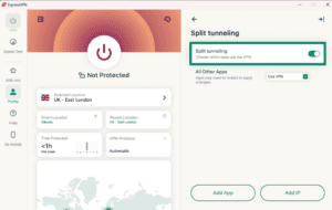 The Split tunneling settings in the ExpressVPN Windows app, with a highlighted toggle showing the featured turned on.