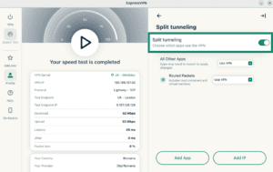 The Split Tunneling settings in the ExpressVPN Linux app, showing the "Split tunneling" toggle.