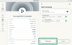 The "Add App" option in the Split tunneling settings on the ExpressVPN Linux app.