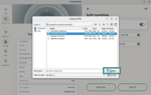 The application pop-up in the ExpressVPN split-tunneling settings on Linux, showing an app selected and the "Open" button highlighted.