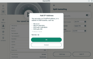 The "Add IP Address" pop-up in the ExpressVPN split tunneling settings on Linux.