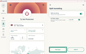 The "Add App" option in the Split tunneling settings on the Windows ExpressVPN app.