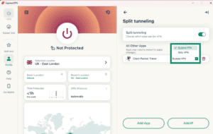 The "Bypass VPN" and "Only VPN" split-tunnelling options for apps in the ExpressVPN Windows app highlighted.