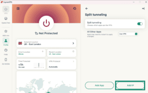 The "Add IP" option in Split tunneling settings on the ExpressVPN Windows app.