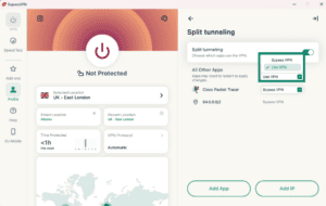 The "All Other Apps" option in the Split tunneling settings in the ExpressVPN app, showing the "Use VPN" and "Bypass VPN" choices.