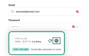 ExpressKeys password generator popup, with the settings gear icon highlighted in a green box.