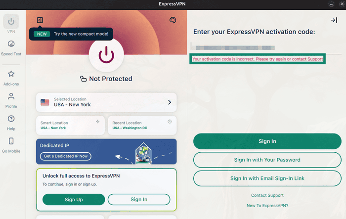 ExpressVPN desktop app showing the activation code error.