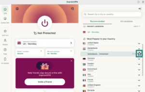 ExpressVPN Linux app showing the"Favorites" option highlighted.
