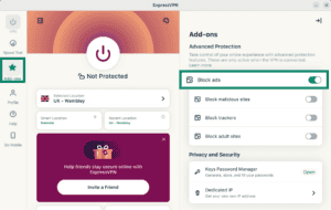ExpressVPN Linux app showing the "Block adds" option highlighters in the "Add-ons" menu.
