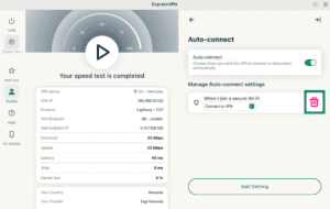 ExpressVPN Linux app showing the recycle bin icon for the auto-connect settings.
