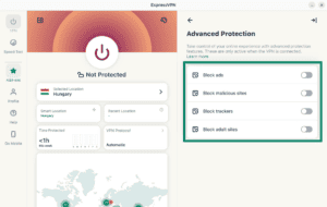 ExpressVPN Linux Advanced Protection settings menu showing toggle switches, with the options for blocking ads, malicious sites, trackers, and adult sites highlighted in a green box.