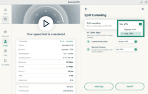 The "All Other Apps" feature in the split tunneling settings on the ExpressVPN app on Linux, showing the "Bypass VPN" and "Use VPN" options.