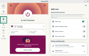 The "Add-ons" tab in the ExpressVPN app for Linux highlighted.