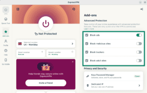 The Add-ons section in the ExpressVPN app for Linux, with all Advanced Protection options highlighted.