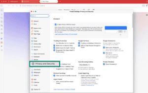 Vivaldi browser showing privacy and security settings highlighted.