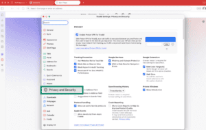 Vivaldi browser showing privacy and security settings highlighted.