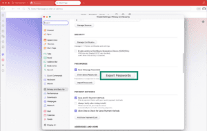 Vivaldi browser showing export passwords option.