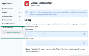 ExpressVPN+ setup page applications menu with Advanced setup Manual Configuration highlighted.