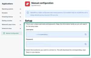 ExpressVPN+ Manual Configuration setup with OpenVPN Username and Password highlighted.