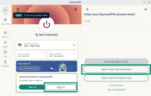 ExpressVPN app showing the "Sign In" and "Sign In with Your Password" buttons highlighted.