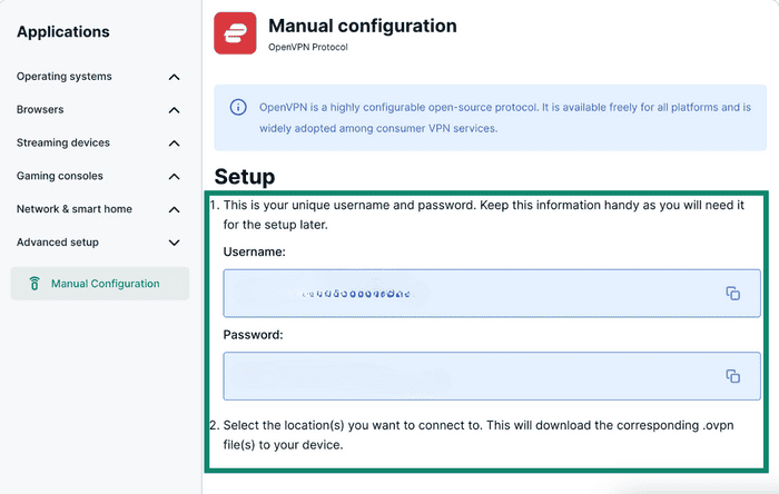 ExpressVPN+ Manual Configuration setup with OpenVPN Username and Password highlighted.