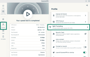ExpressVPN Linux app showing the "Split Tunneling" option highlighted.