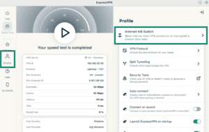 ExpressVPN Linux app showing the "Internet Kill Switch" option highlighted in the "Profile" section.