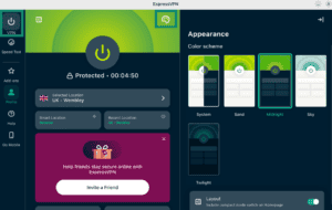 ExpressVPN Linux app showing the color palette icon and the appearance options highlighted.