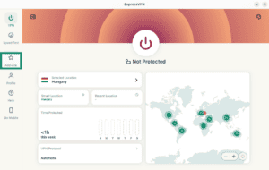 ExpressVPN Linux application dashboard set to a Hungary location with the "Add-ons" highlighted in a green box.