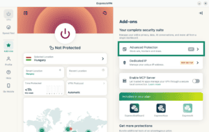 ExpressVPN Linux Add-ons dashboard with the "Advanced Protection" option highlighted in a green box.