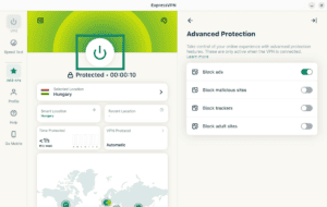 ExpressVPN Windows application interface with a Hungary location selected and the Advanced Protection settings menu open.