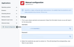 ExpressVPN+ setup page applications menu with Advanced setup Manual Configuration highlighted.