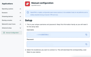 ExpressVPN+ Manual Configuration setup with OpenVPN Username and Password highlighted.