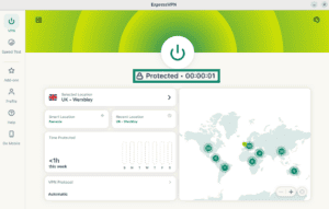 ExpressVPN Linux app showing the "Protected" text for the VPN connection.