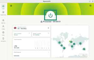 ExpressVPN Linux app showing the "Connect" button being turned on.