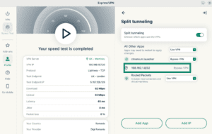ExpressVPN Linux app showing an IP address added for split tunneling.