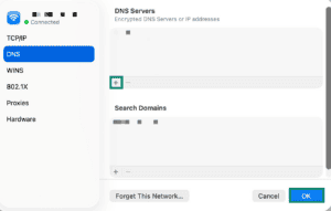 The DNS settings on macOS, with a highlighted plus sign and the OK button.