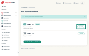 Your payment methods page in the ExpressVPN+ portal with the Edit button highlighted next to a saved card.